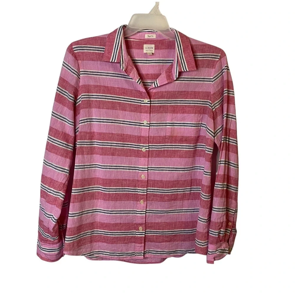 J Crew Linen Blouse Striped Button Down Shirt Women Size Large Pink
